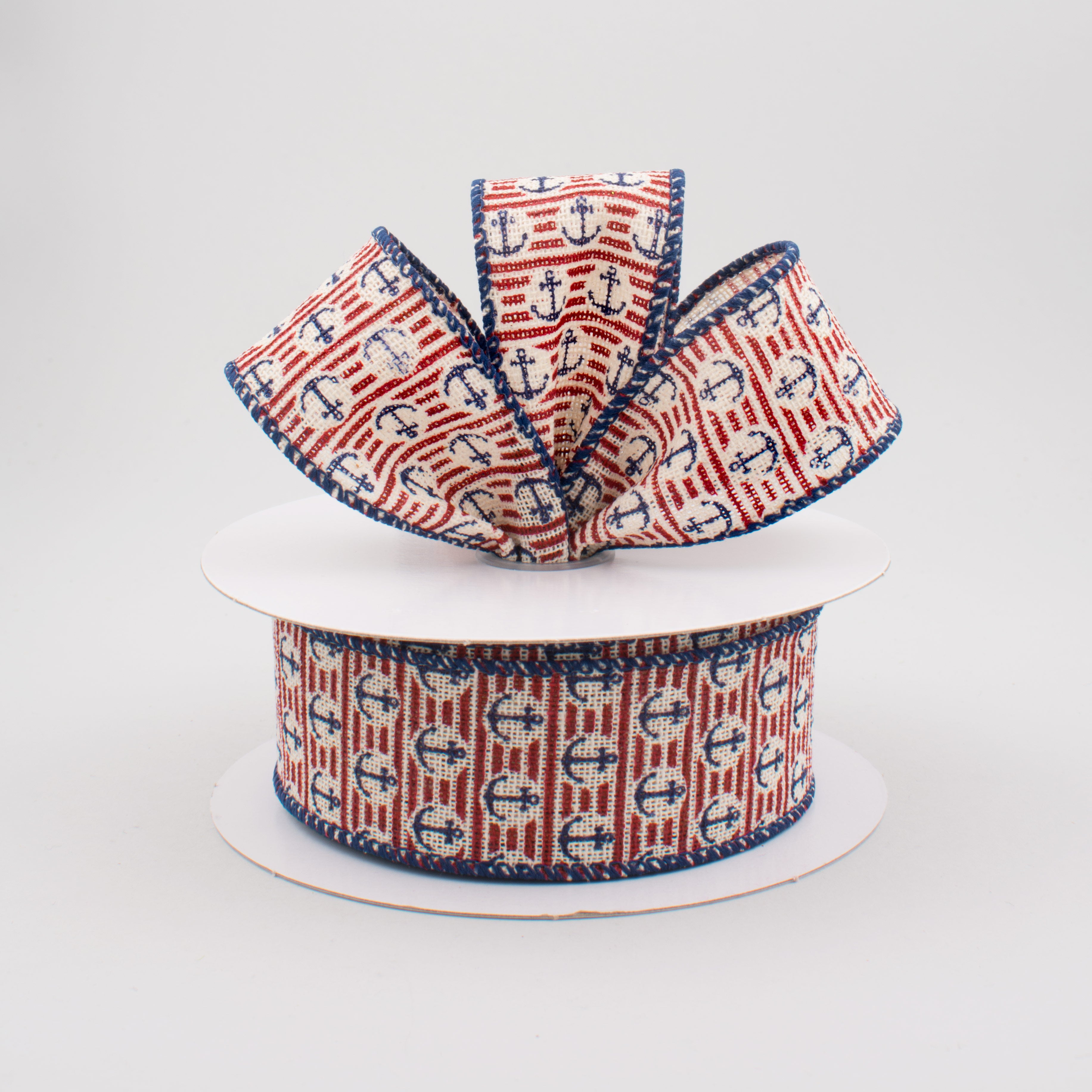 1.5" Stripes with Anchor Ribbon: Natural, Red, & Navy (10 Yards)