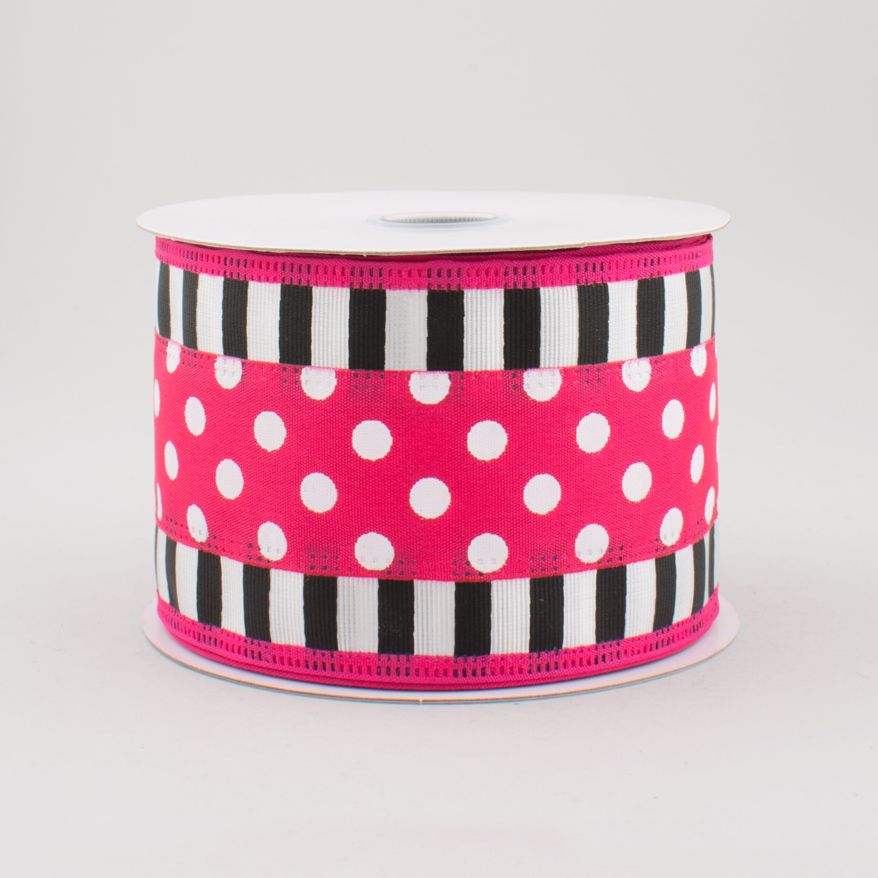 2.5" Striped Edge Polka Dot Ribbon: Fuchsia, Black & White (10 Yards)