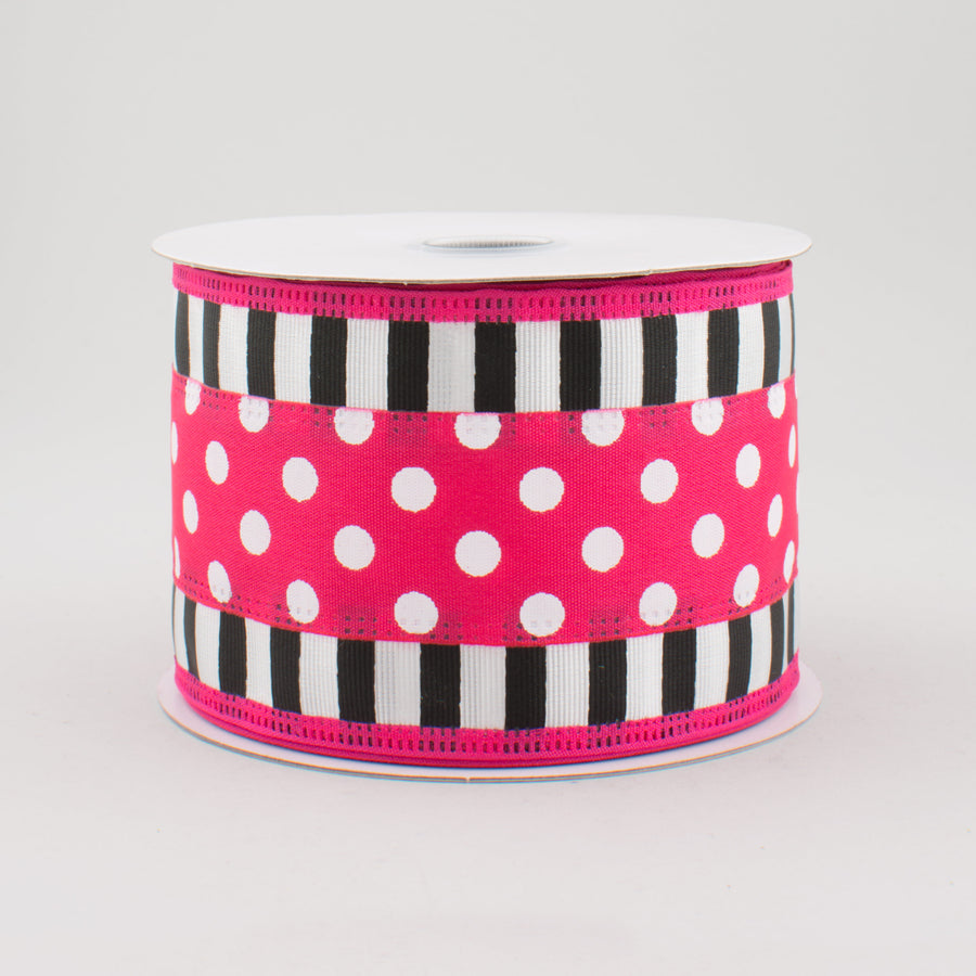 2.5" Striped Edge Polka Dot Ribbon: Fuchsia, Black & White (10 Yards)