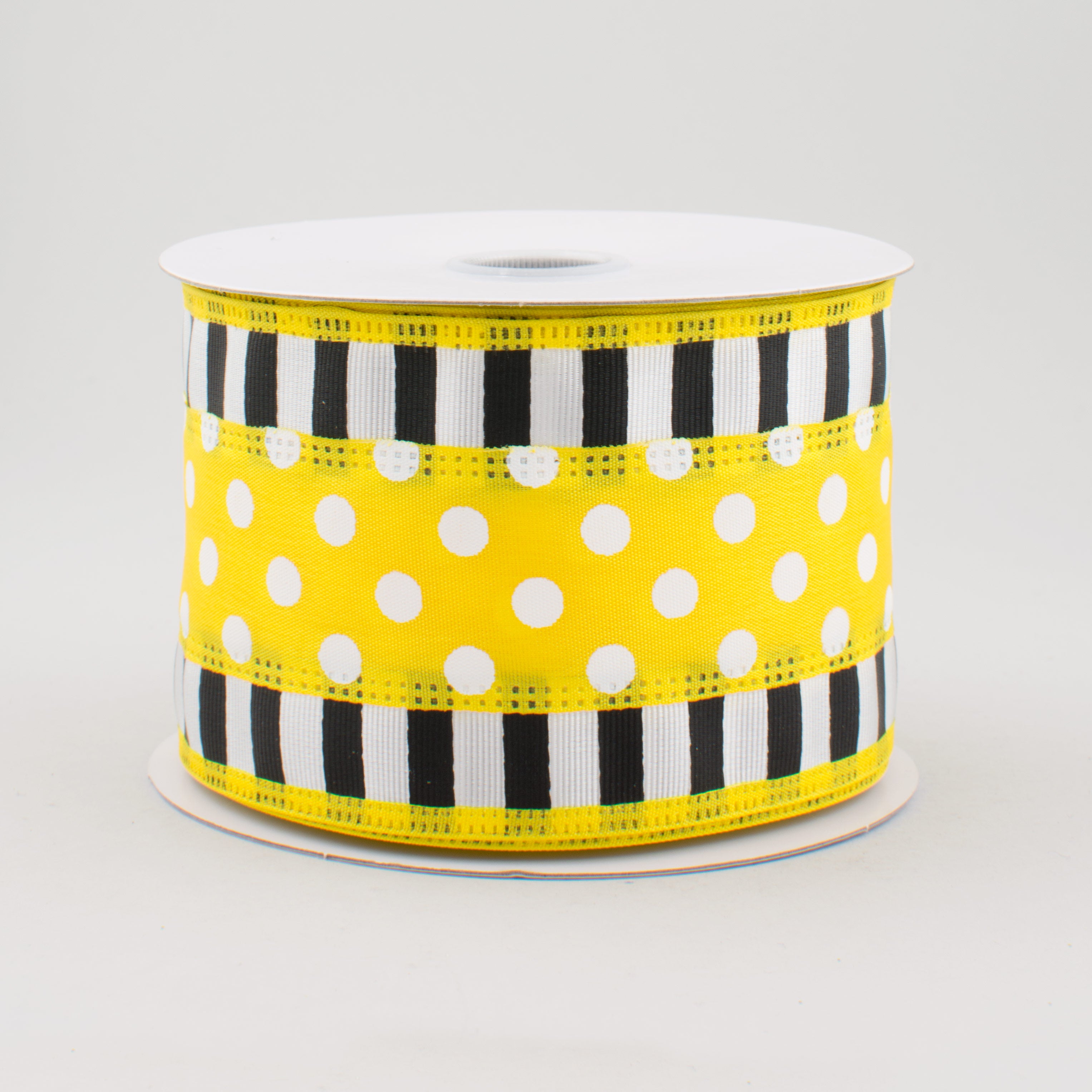 2.5" Striped Edge Polka Dot Ribbon: Yellow, Black & White (10 Yards)
