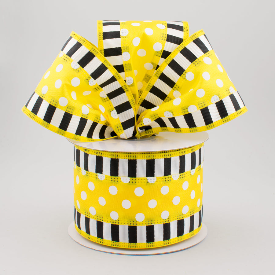 2.5" Striped Edge Polka Dot Ribbon: Yellow, Black & White (10 Yards)
