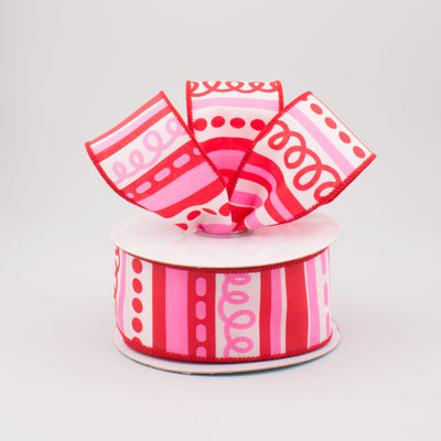 1.5" Loopy Stripes Valentine's Day Ribbon: White, Pink & Red (10 Yards)