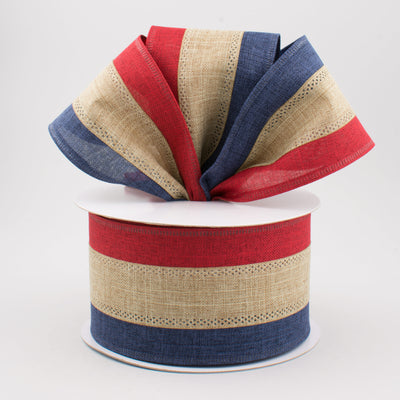 2.5" Faux Burlap Patriotic Striped Ribbon: Burgundy, Beige, Navy (10 Yards)