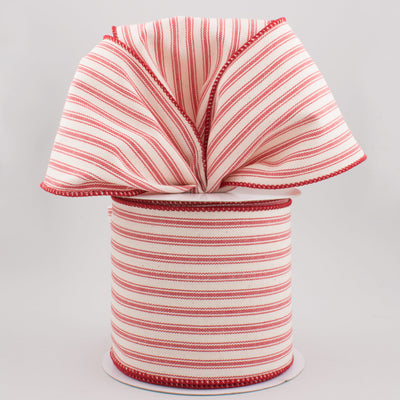 4" Vintage Cotton Ticking Stripe Ribbon: Beige & Red (10 Yards)