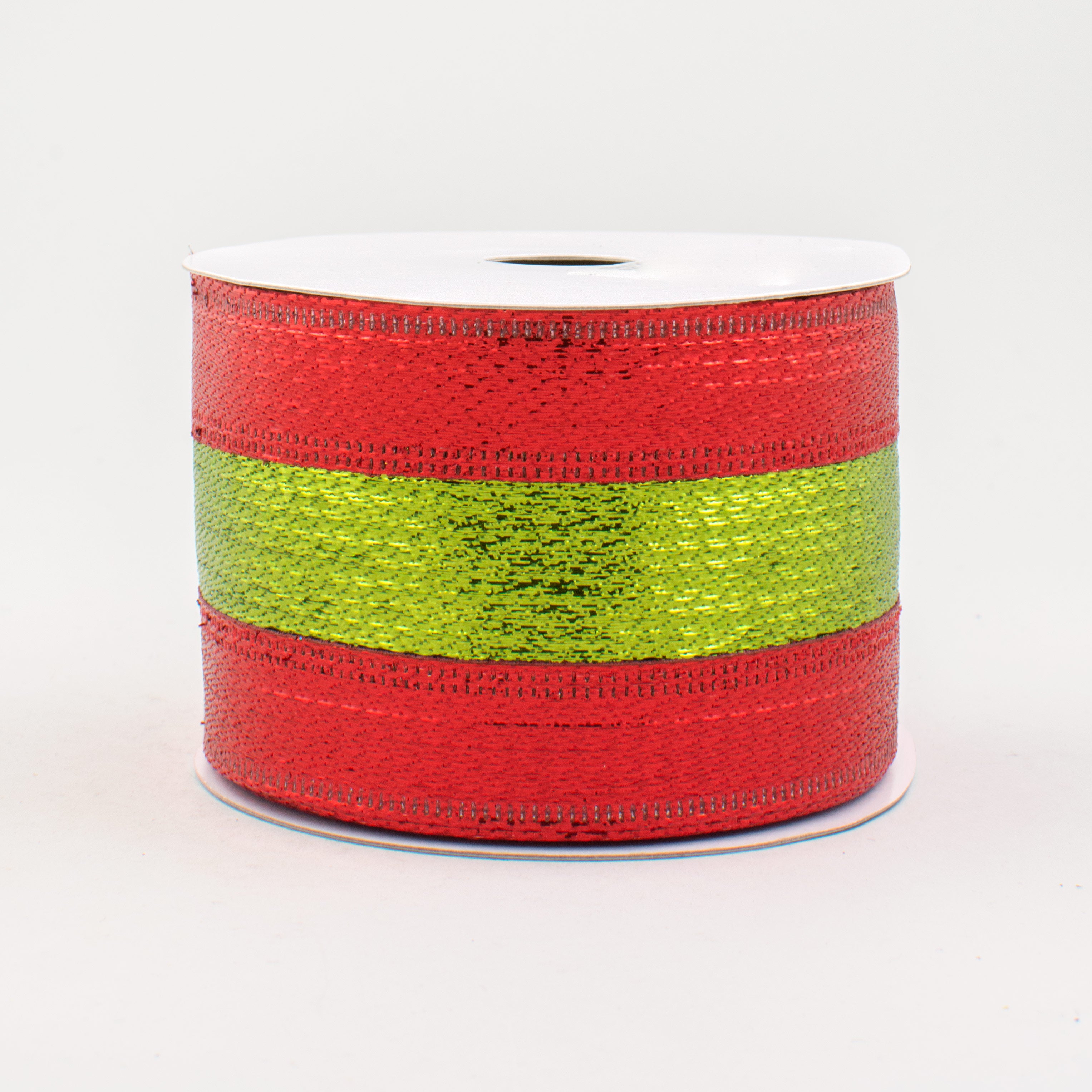 2.5" Stripe Metallic Lame Ribbon: Red & Lime Green (10 Yards)