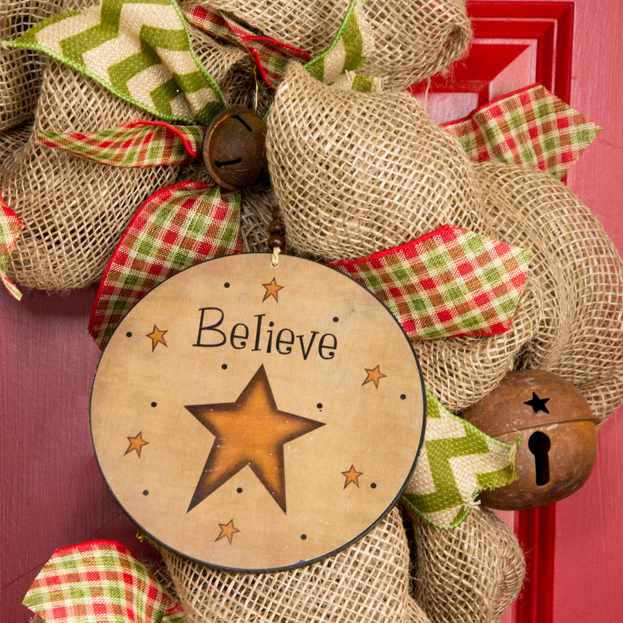 6" Believe Wood Disc Ornament