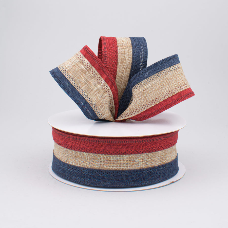 1.5" Patriotic Stripe Ribbon: Burgundy, Beige, Navy (10 Yards)