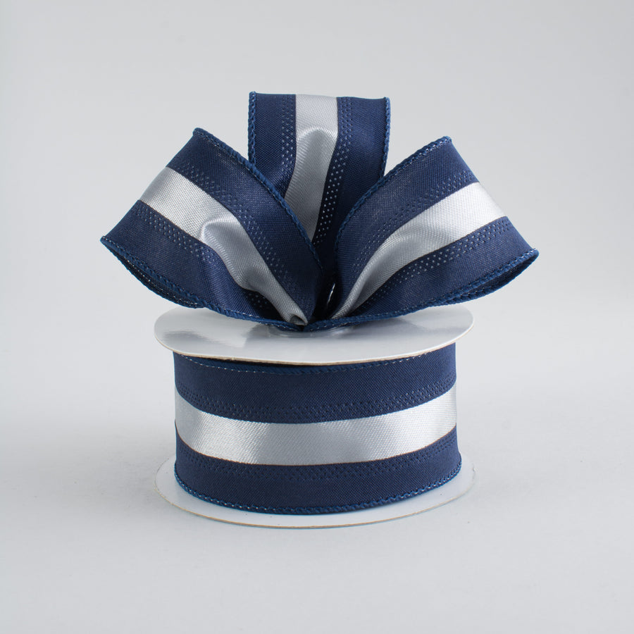 1.5" Satin Team Stripe Ribbon: Navy & Grey (10 Yards)