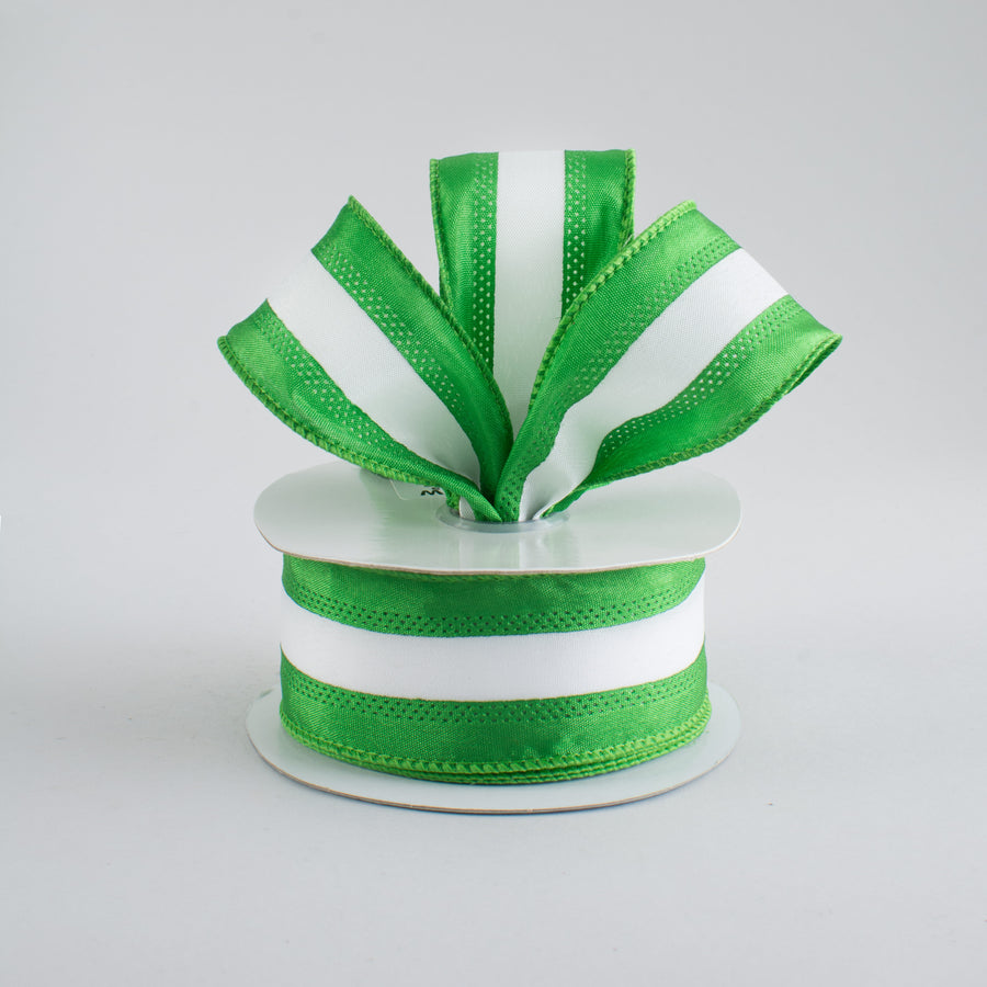 1.5" Satin Team Stripe Ribbon: Lime Green & White (10 Yards)