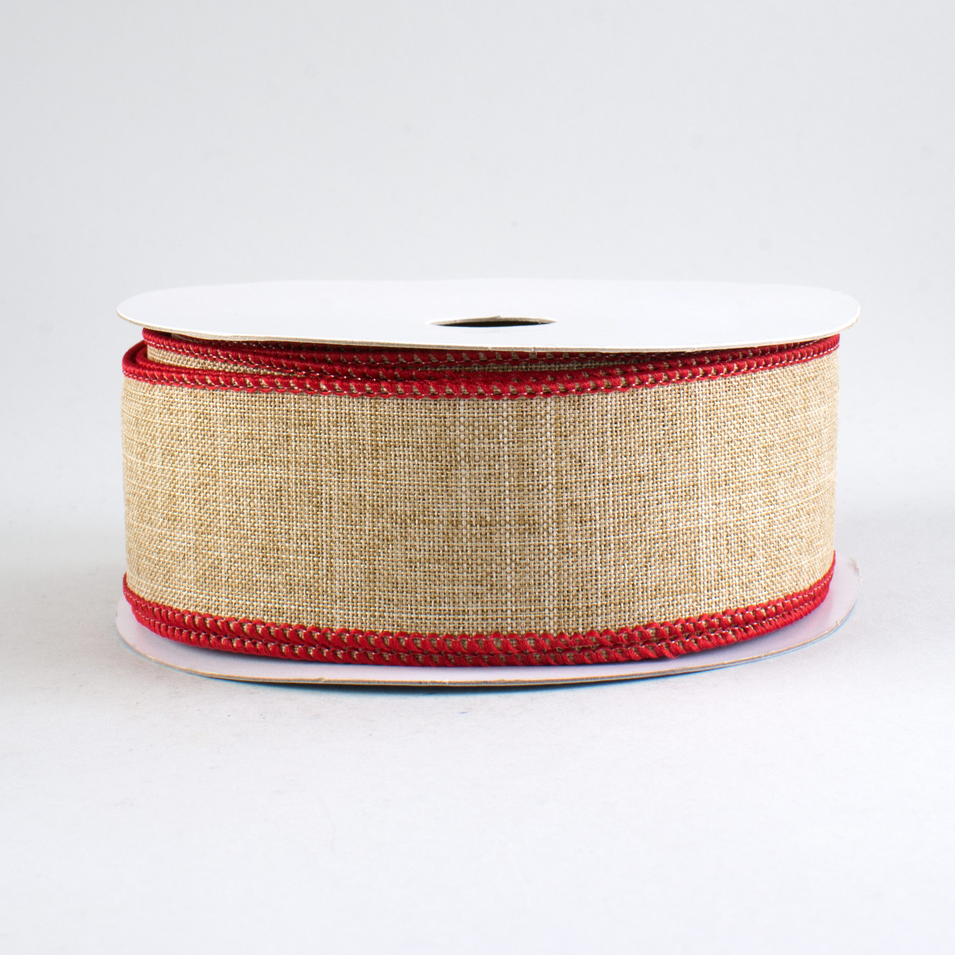 1.5" Stitched Edge Ribbon: Natural & Red (10 Yards)