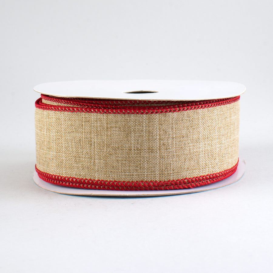 1.5" Stitched Edge Ribbon: Natural & Red (10 Yards)