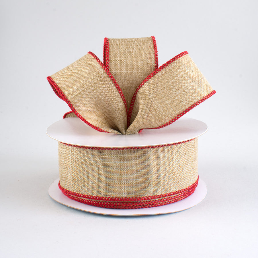 1.5" Stitched Edge Ribbon: Natural & Red (10 Yards)