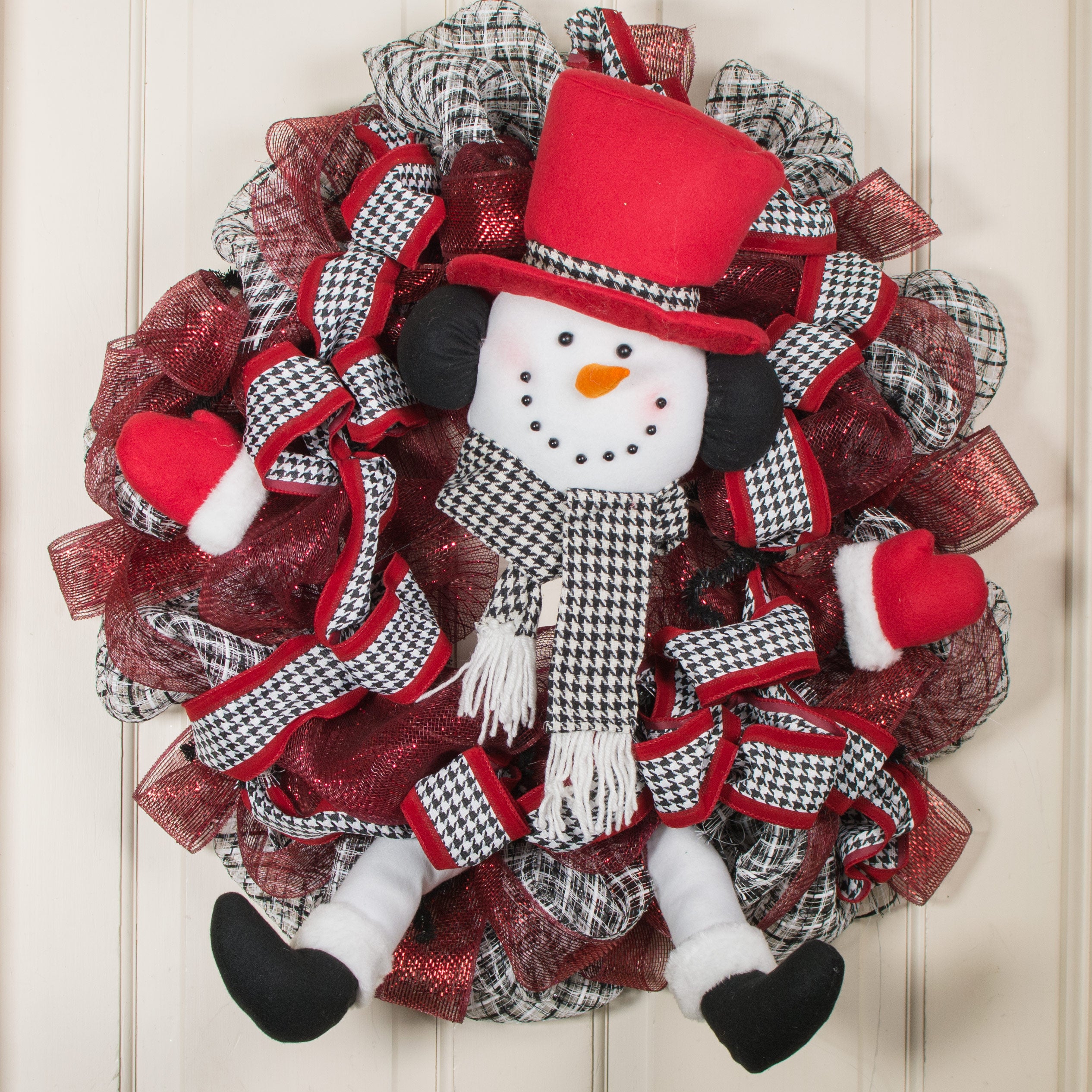 Plush Snowman Wreath Accent Crimson Houndstooth