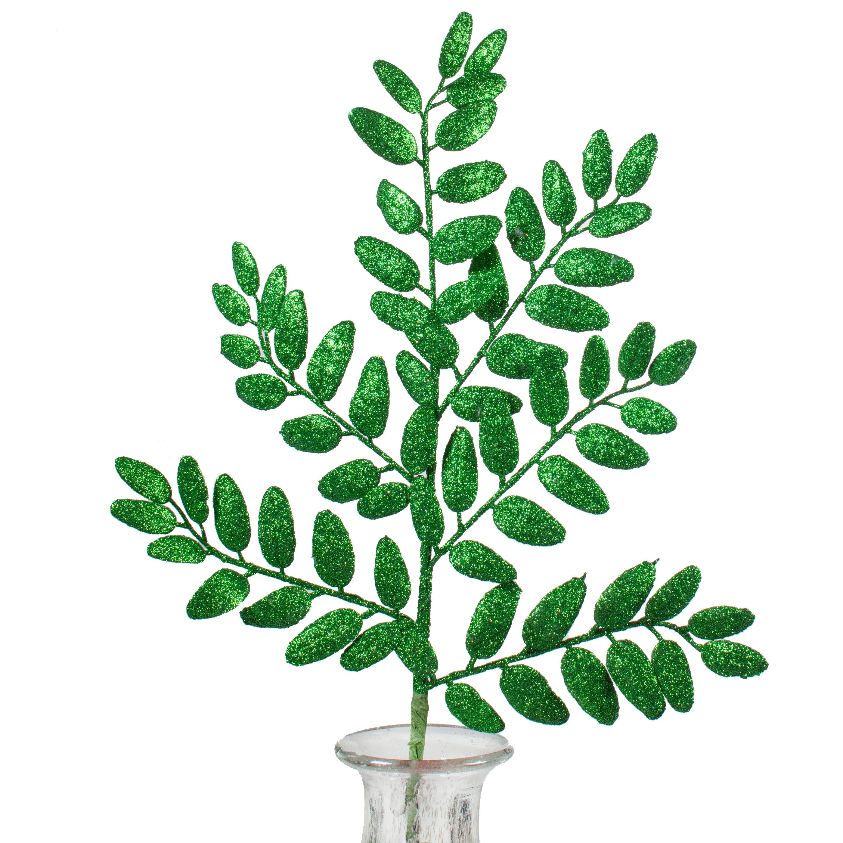 22" Honey Locust Leaf Glitter Spray: Emerald Green