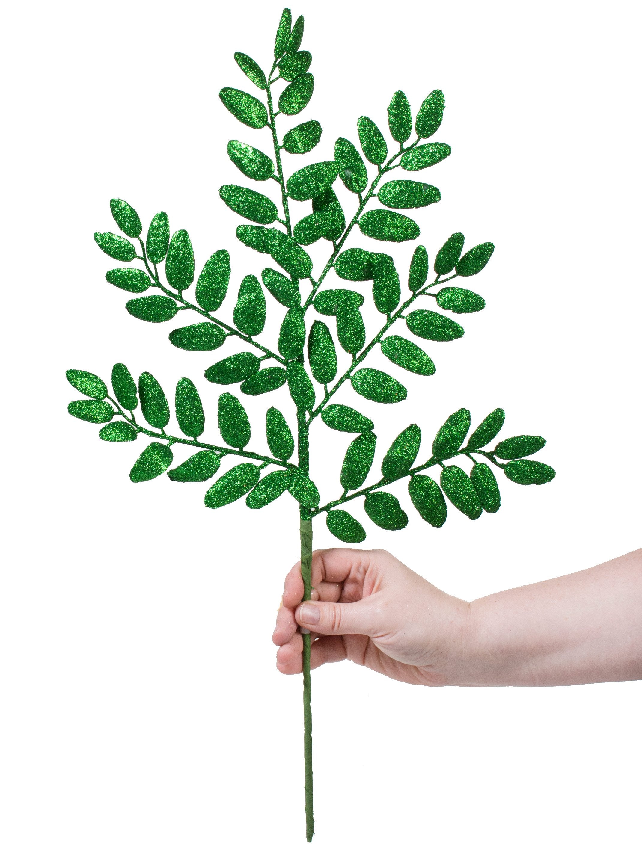 22" Honey Locust Leaf Glitter Spray: Emerald Green