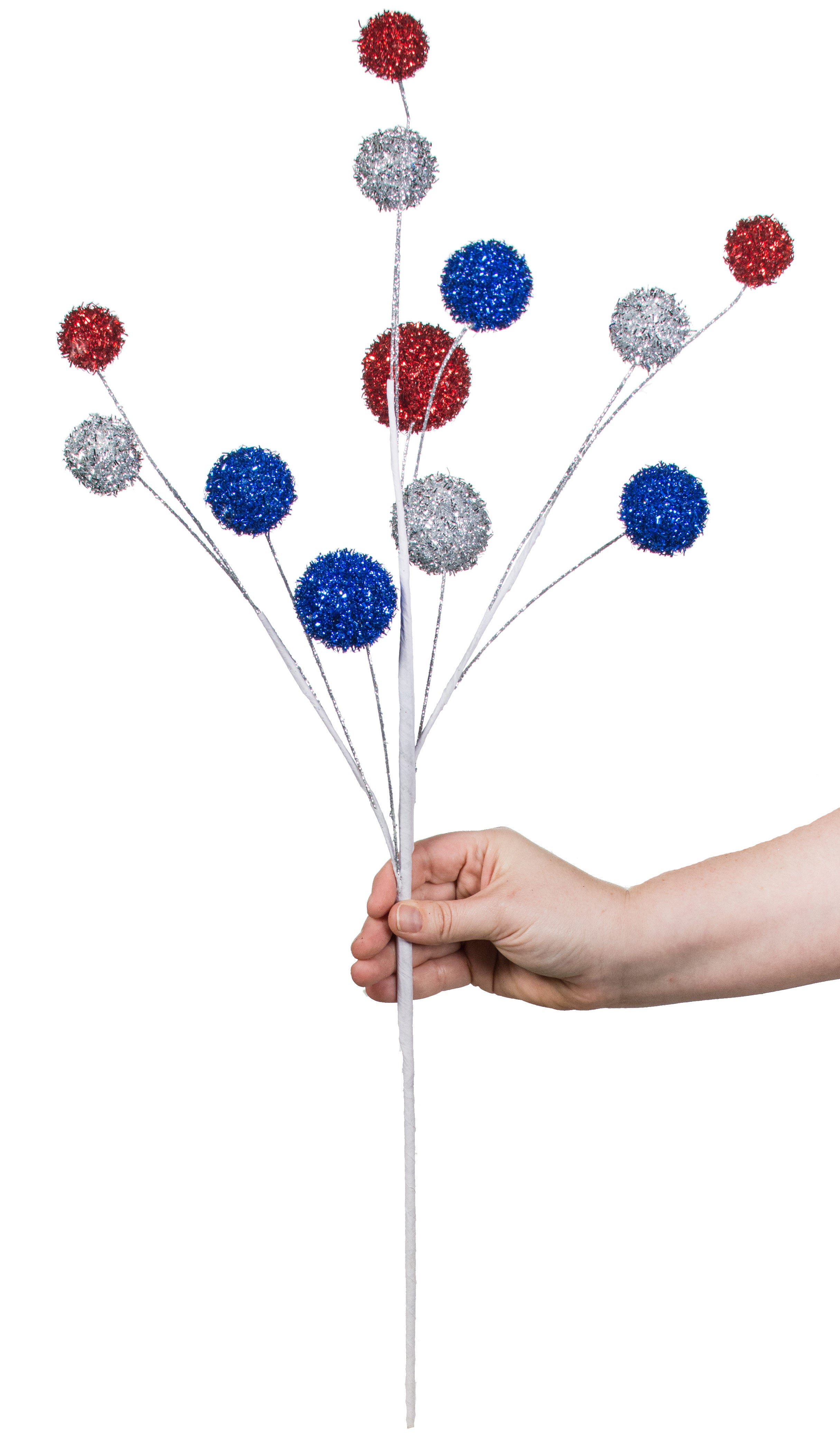 28" Foil Tinsel Ball Spray: Red, Silver, Blue
