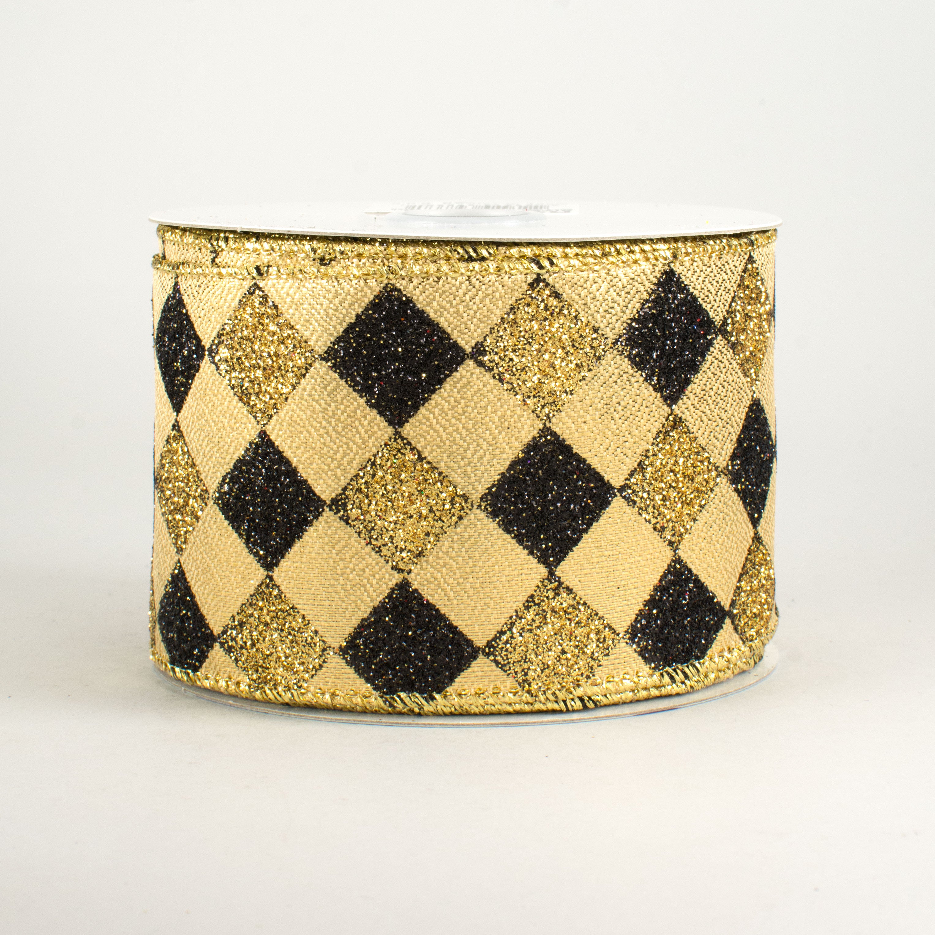 2.5" Glitter Diamond Check Ribbon: Black & Gold (10 Yards)