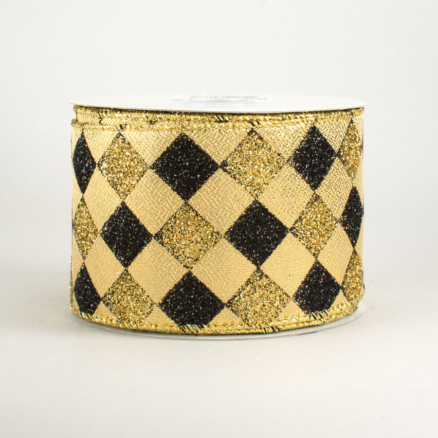 2.5" Glitter Diamond Check Ribbon: Black & Gold (10 Yards)
