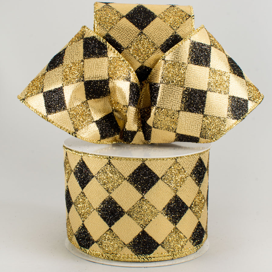2.5" Glitter Diamond Check Ribbon: Black & Gold (10 Yards)