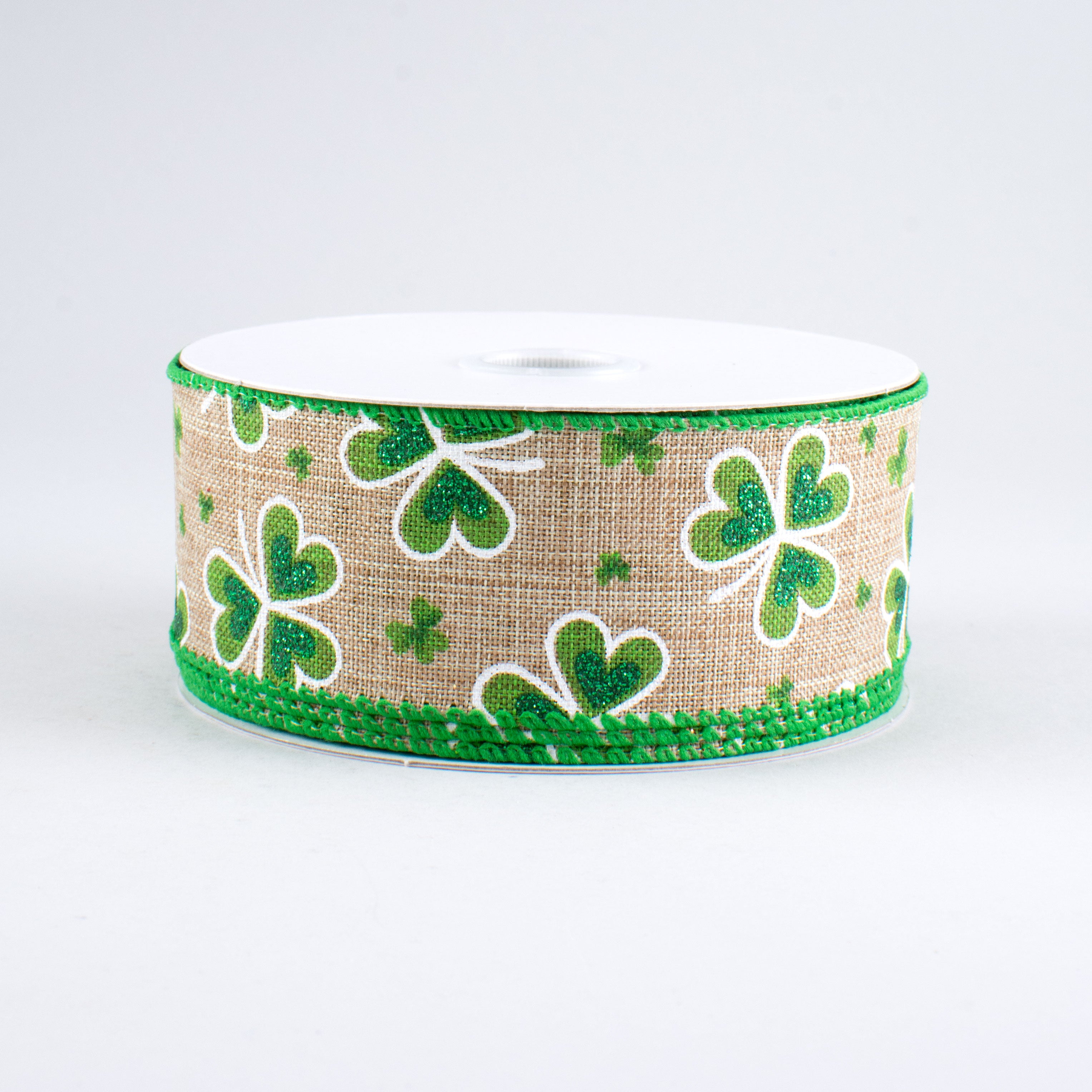 1.5" Glitter Clovers Ribbon: Natural (10 Yards)