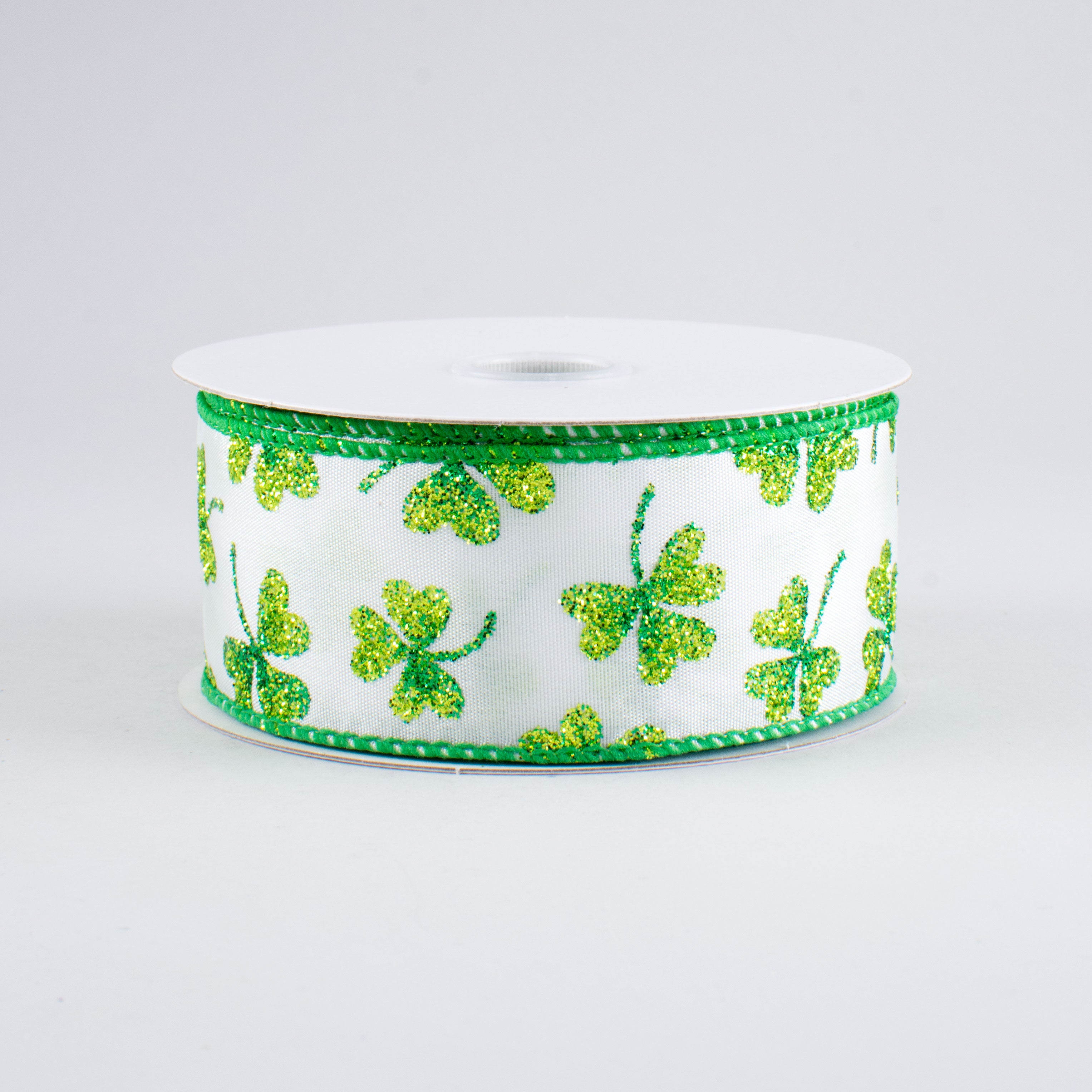 1.5" Glitter Clovers Ribbon: White (10 Yards)