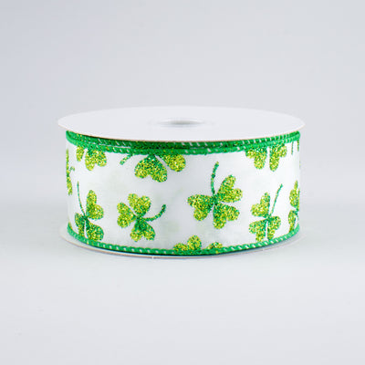 1.5" Glitter Clovers Ribbon: White (10 Yards)
