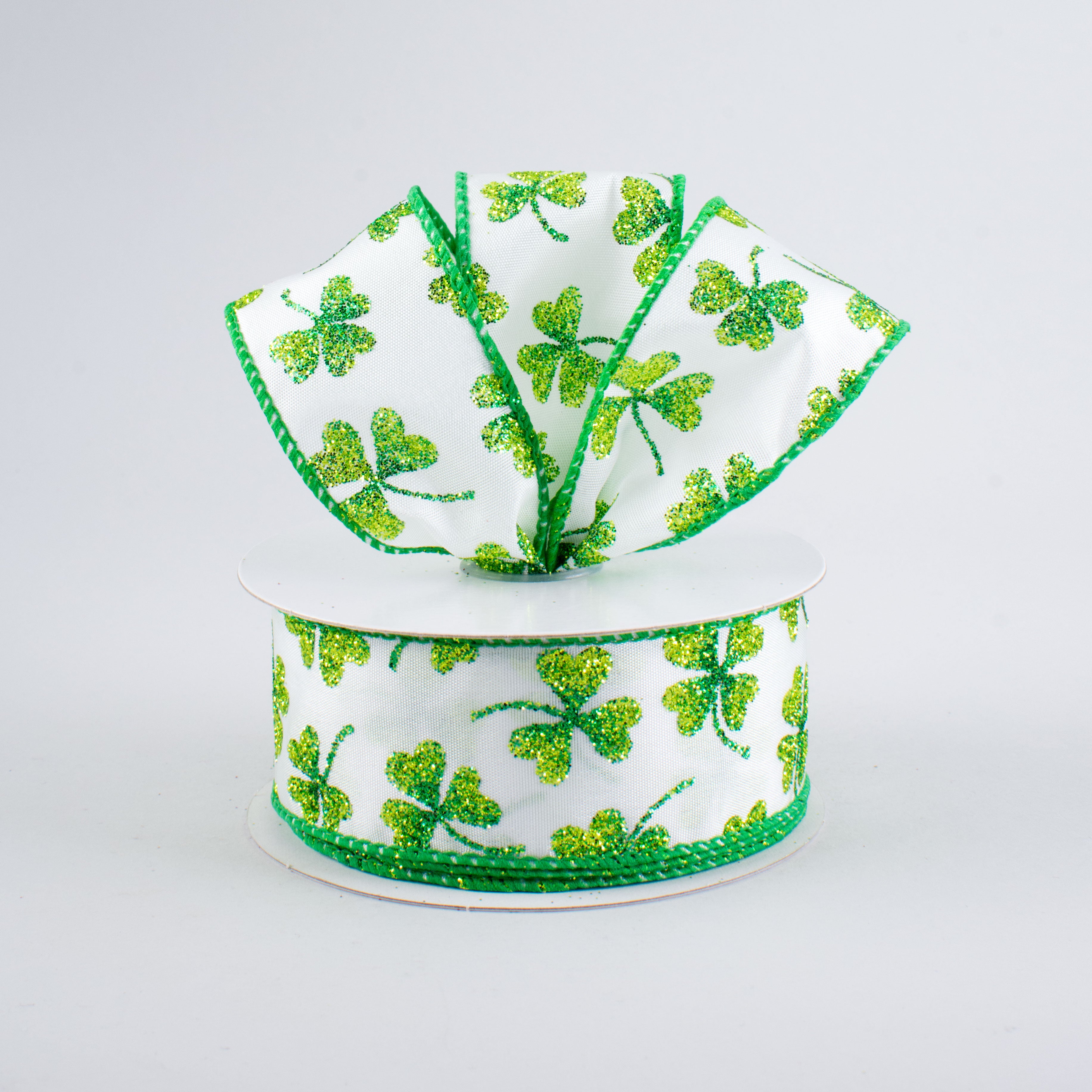 1.5" Glitter Clovers Ribbon: White (10 Yards)