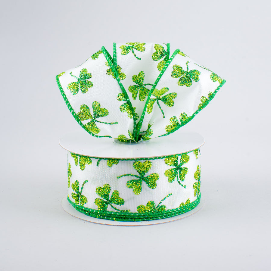 1.5" Glitter Clovers Ribbon: White (10 Yards)