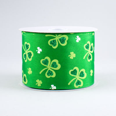 2.5" Glitter Clovers Ribbon: Green (10 Yards)