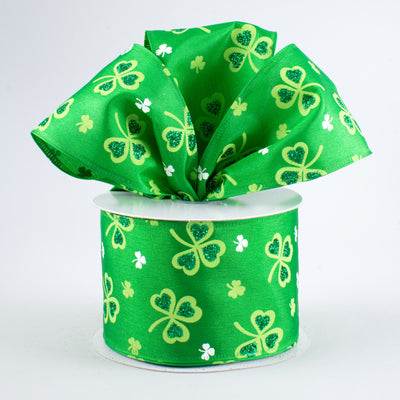 2.5" Glitter Clovers Ribbon: Green (10 Yards)