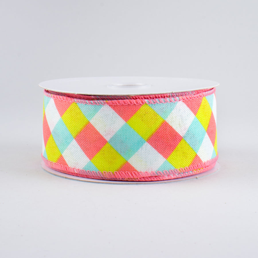 1.5" Spring Gingham Plaid Ribbon: Blue, Coral, Moss (10 Yards)