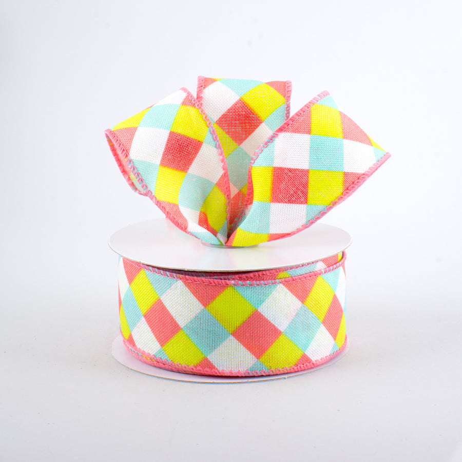 1.5" Spring Gingham Plaid Ribbon: Blue, Coral, Moss (10 Yards)