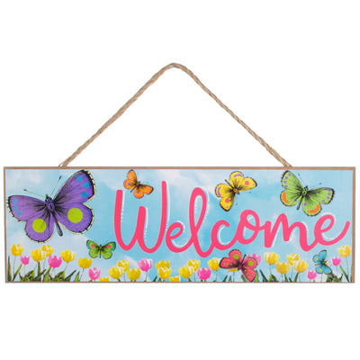 15" Wooden Sign: Welcome Butterflies