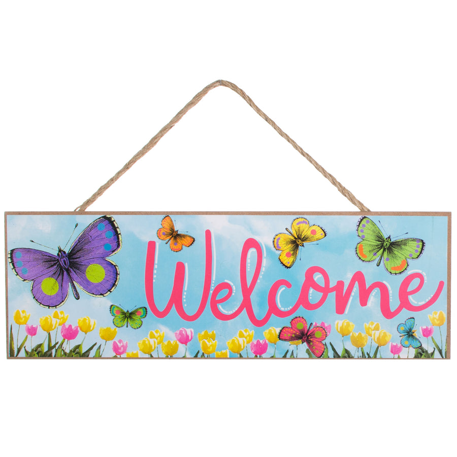 15" Wooden Sign: Welcome Butterflies