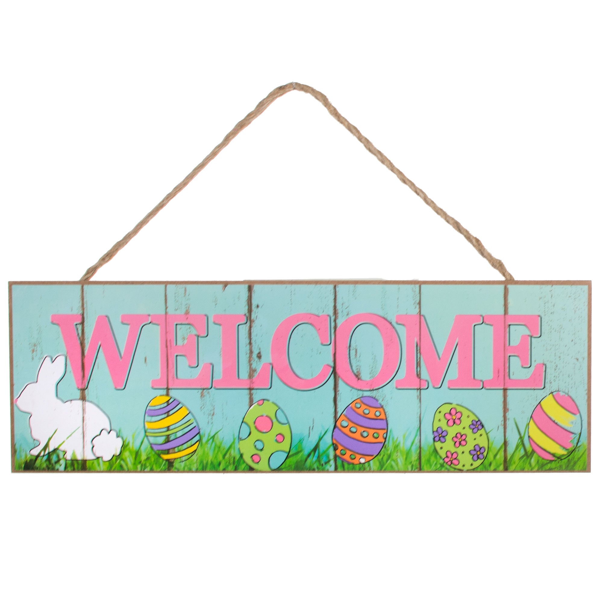 15" Wooden Sign: Welcome Bunny & Eggs