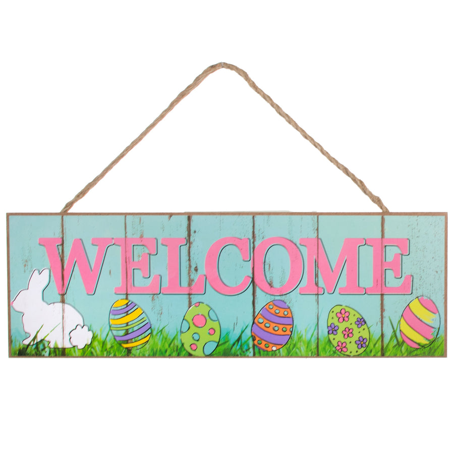 15" Wooden Sign: Welcome Bunny & Eggs