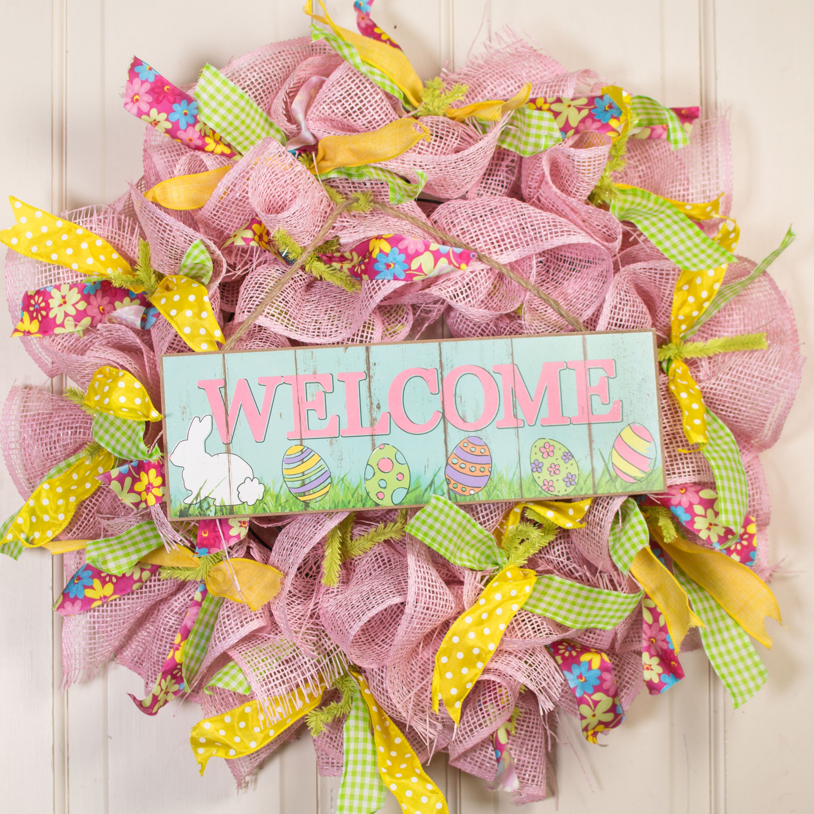 15" Wooden Sign: Welcome Bunny & Eggs