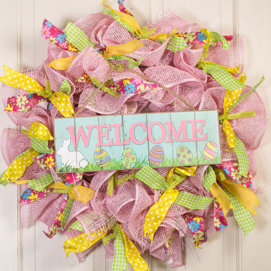 15" Wooden Sign: Welcome Bunny & Eggs