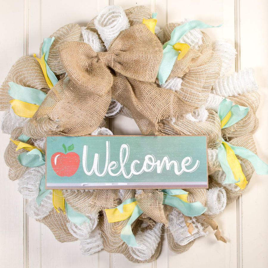 15" Wooden Sign: Welcome With Apple