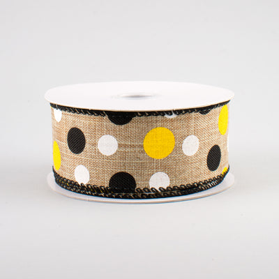 1.5" Natural Canvas Ribbon: Black, Yellow, White Dots (10 Yards)