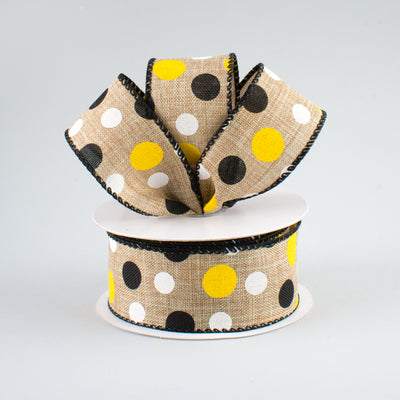 1.5" Natural Canvas Ribbon: Black, Yellow, White Dots (10 Yards)