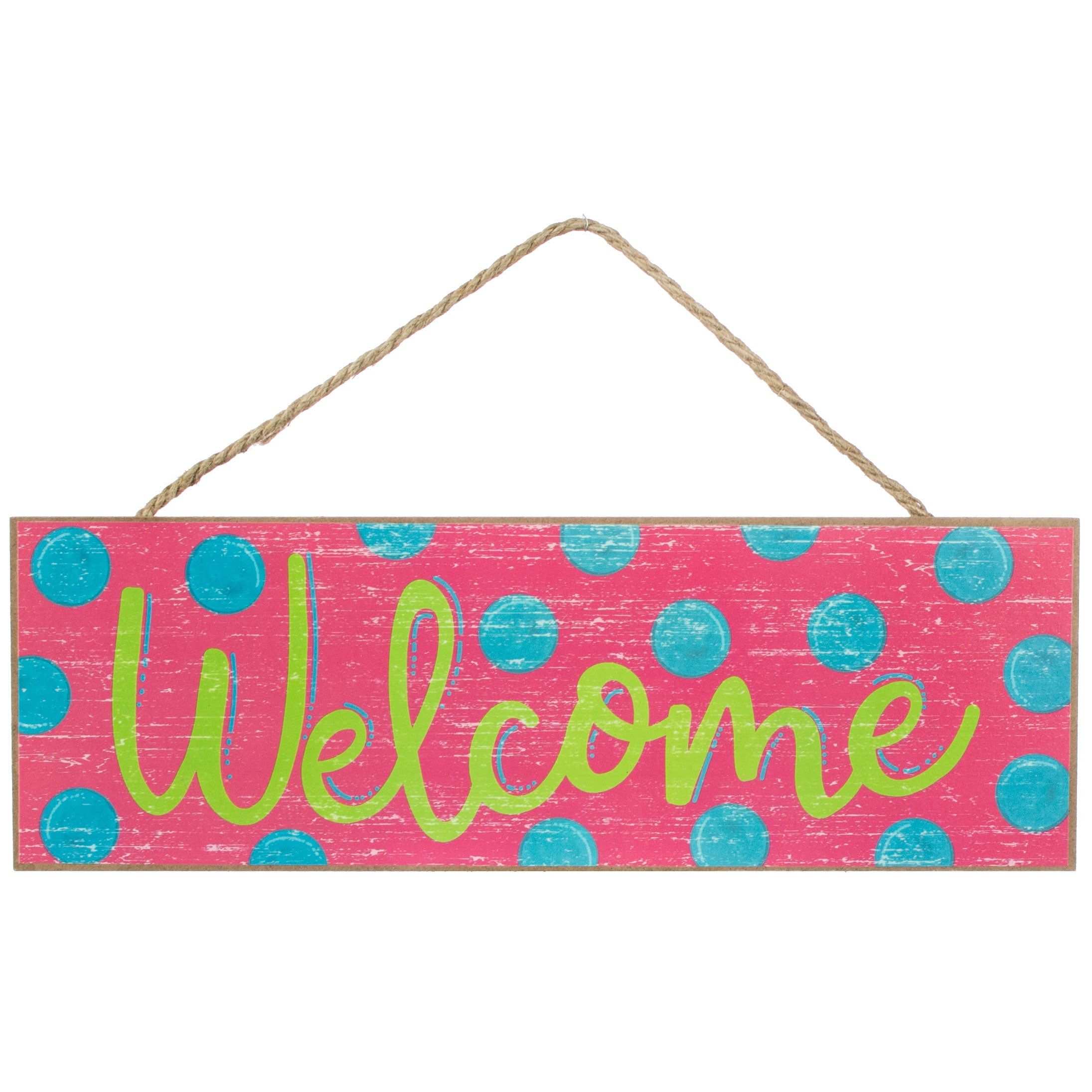 15" Wooden Sign: Welcome Fuchsia, Turquoise Dots