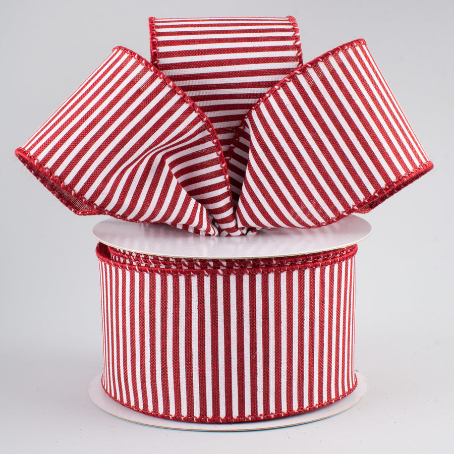 2.5" Royal Canvas Pinstripe Ribbon: Burgundy & White (10 Yards)