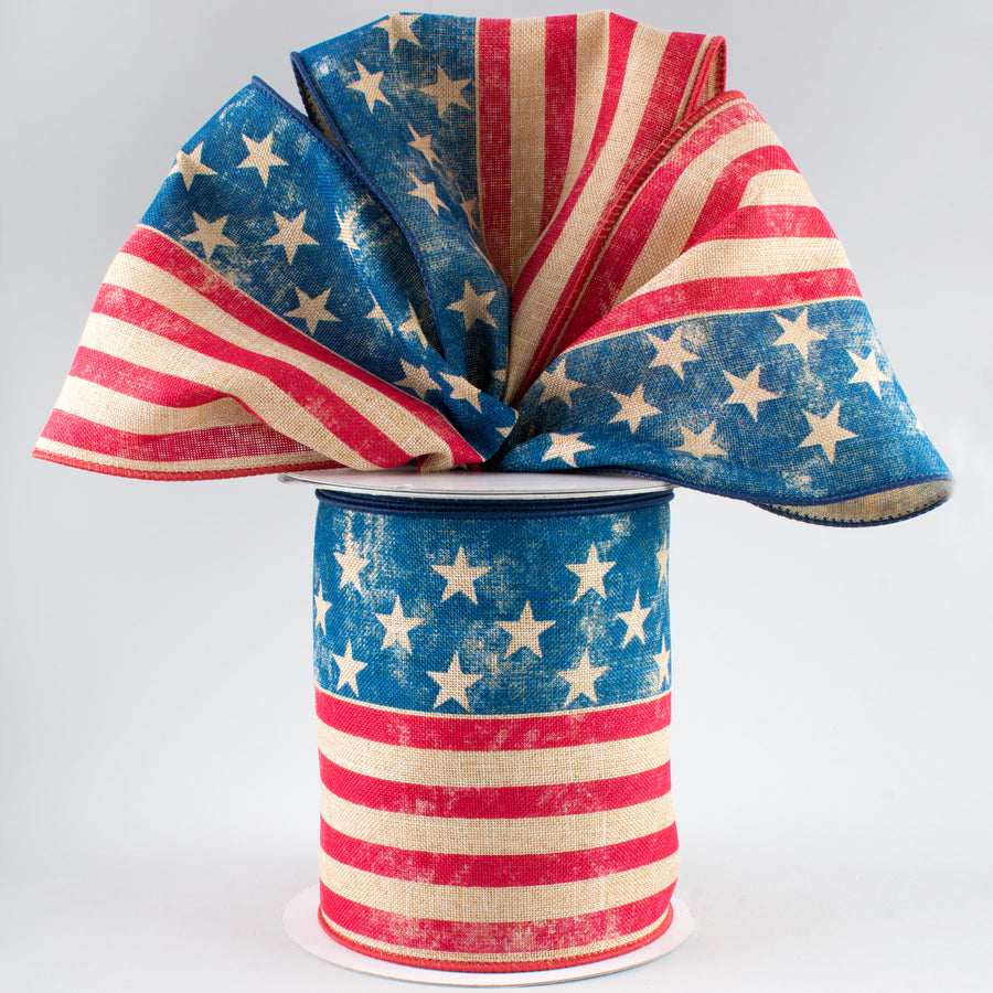 4" Stars & Stripes Flag Ribbon: Tan, Red & Blue (10 Yards)
