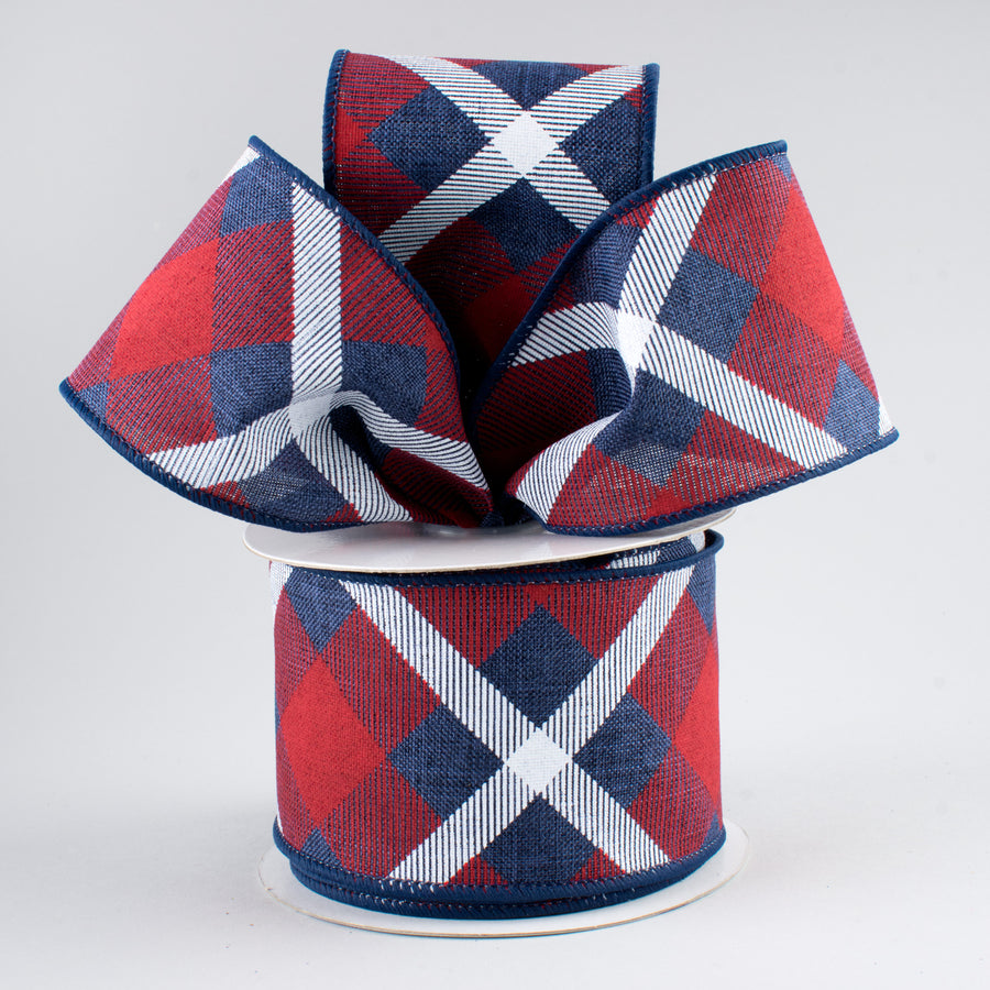 2.5" Printed Plaid Ribbon: Navy, Red, White (10 Yards)