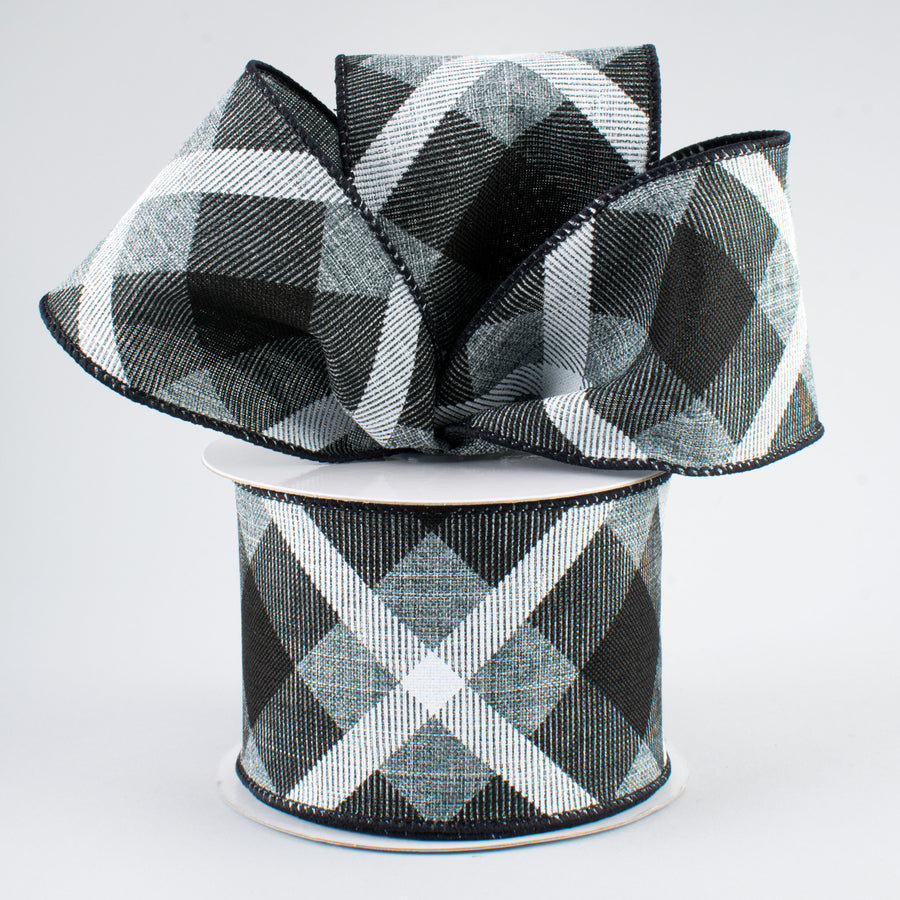 2.5" Printed Plaid Ribbon: Grey, Black, White (10 Yards)
