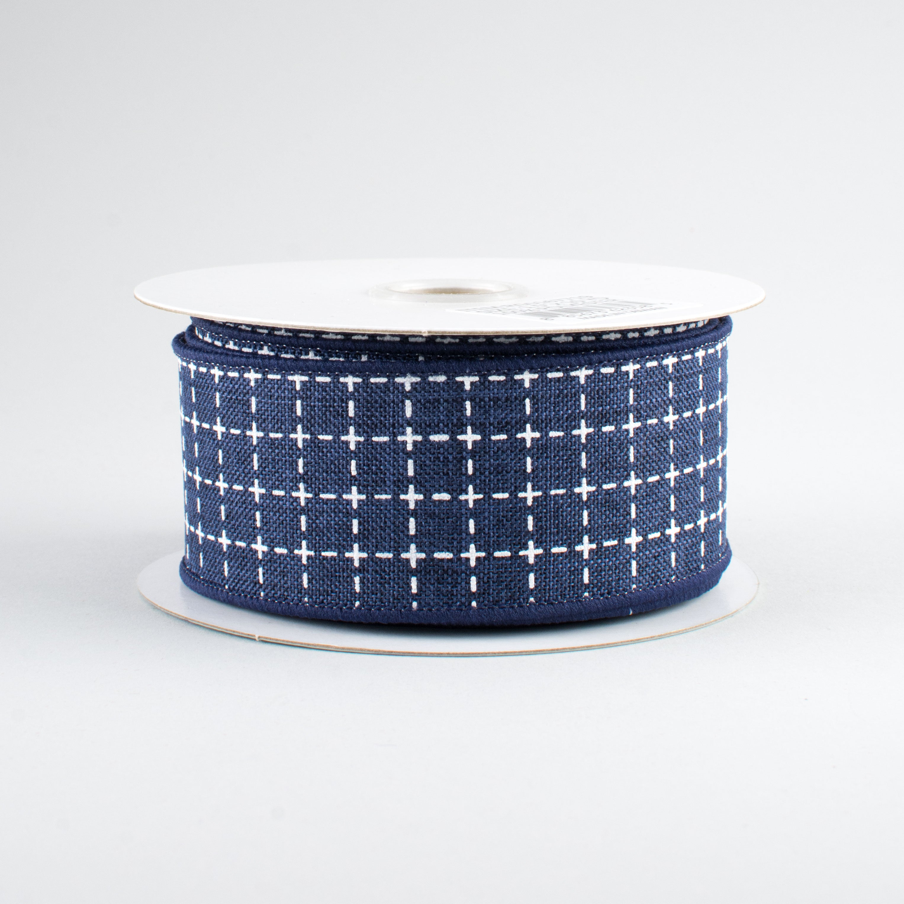 1.5" Stitched Squares Ribbon: Navy Blue & White (10 Yards)