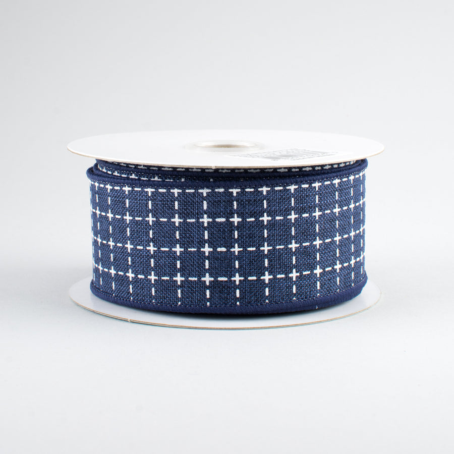 1.5" Stitched Squares Ribbon: Navy Blue & White (10 Yards)