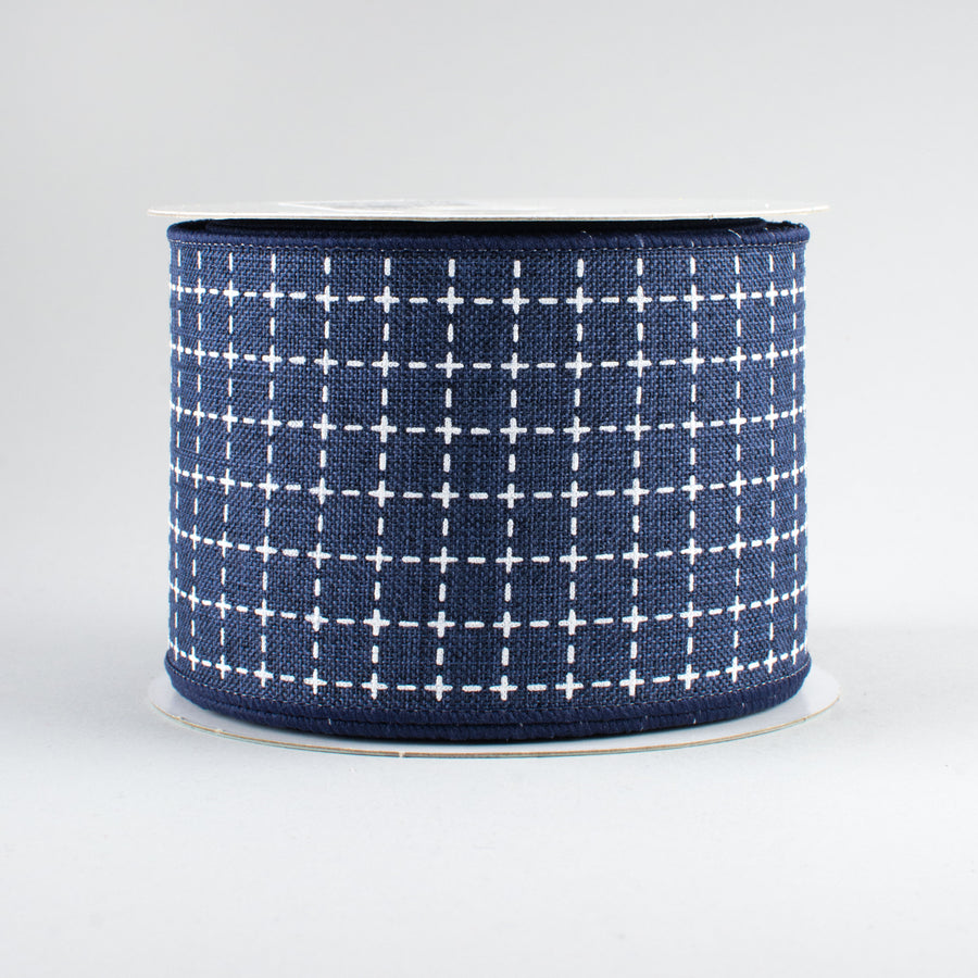 2.5" Stitched Squares Ribbon: Navy Blue & White (10 Yards)