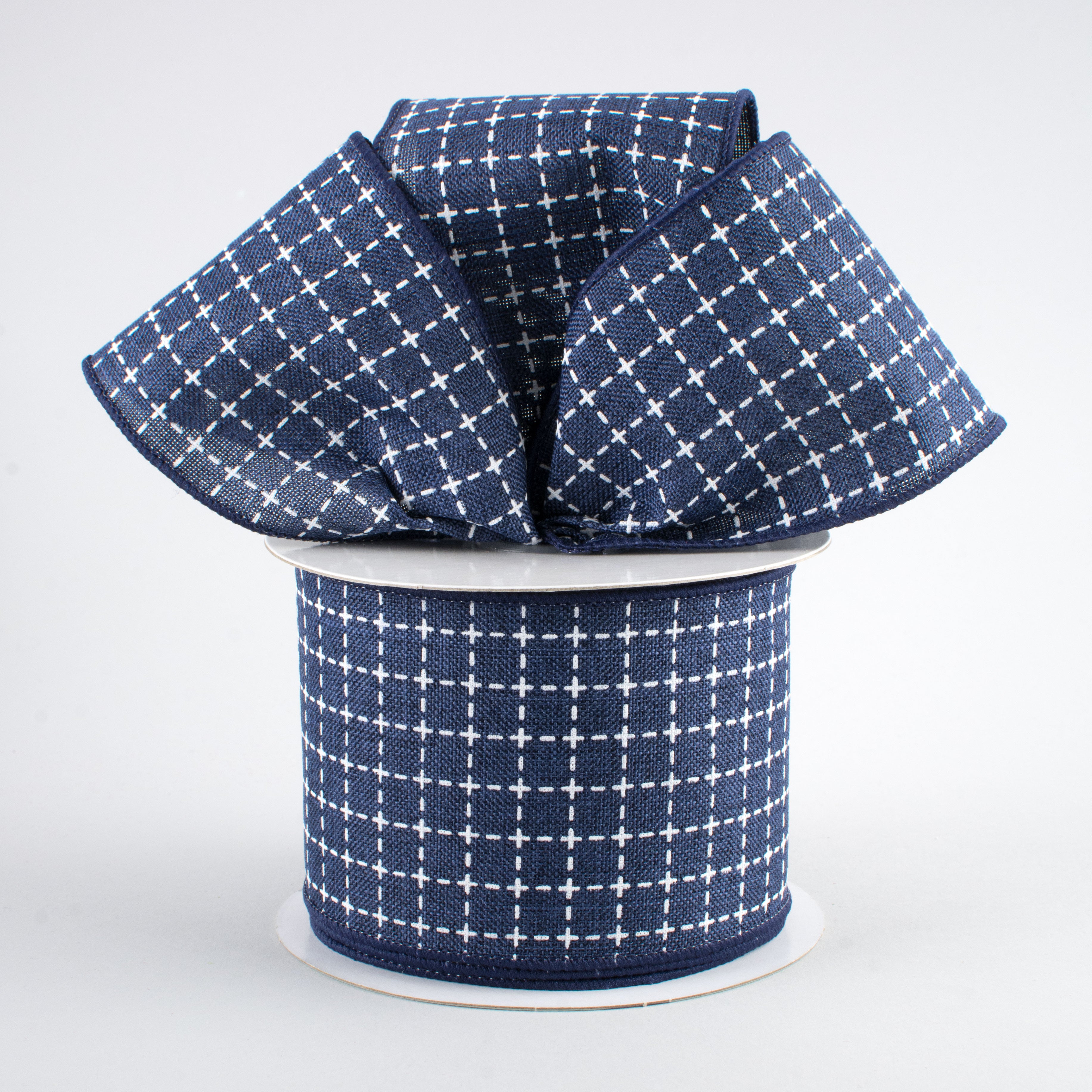 2.5" Stitched Squares Ribbon: Navy Blue & White (10 Yards)